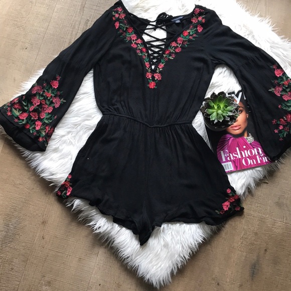 American Eagle Outfitters Pants - Black Floral Embroidered Romper - Preloved!